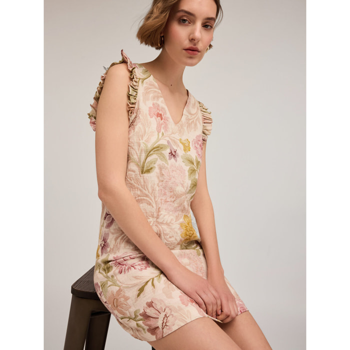 Motivi - Minikleid mit Blumendruck in Jacquard-Optik - Beige