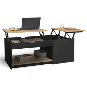 Table basse Elina avec double plateau relevable et coffre latéral L110cm - Bois - Noir