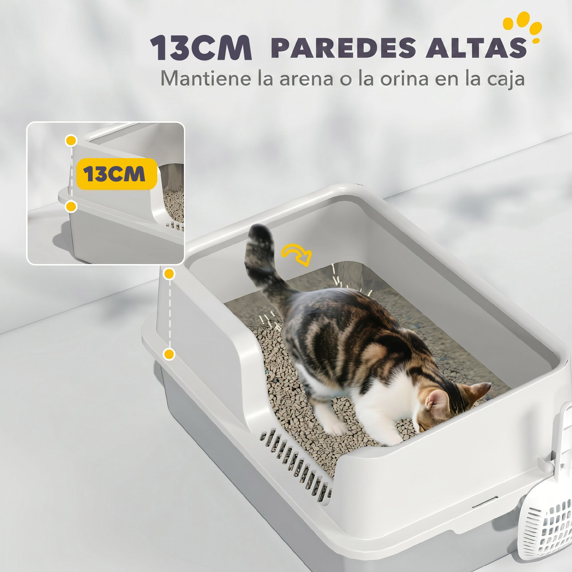 PawHut Arenero para Gatos de Acero Inoxidable XL, Caja de Arena para Gatos Grandes, Arenero Extragrande con Borde Alto, Pala, Fácil de Limpiar, Antifugas, 60x40x28 cm, Gris Claro