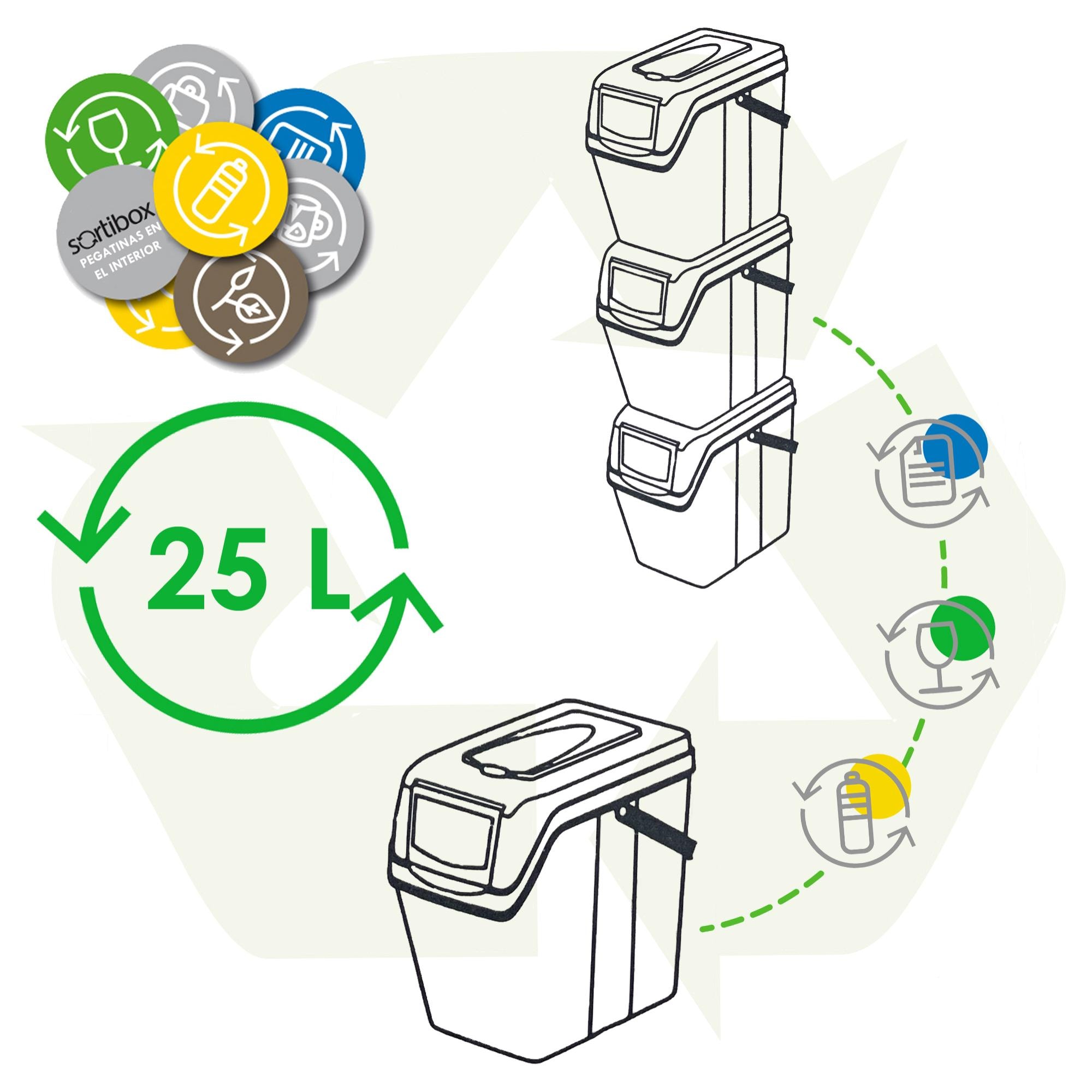 Juego de 3 cubos de reciclaje con capacidad de 75 litros en color gris