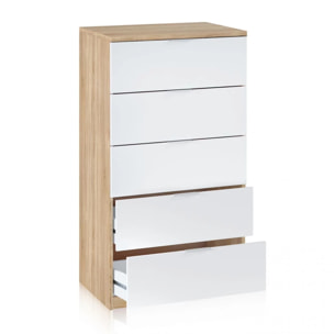Cómoda de 5 cajones formato vertical en blanco mate y roble canadian 60x110 cm Akari Blanco Artik (Blanco Mate) - Roble Canadian