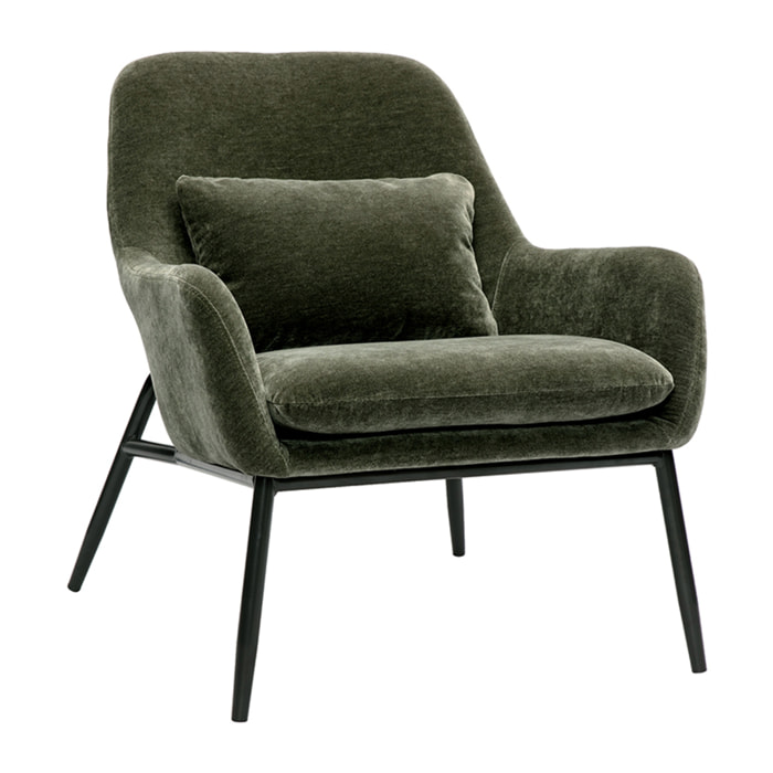 Fauteuil design en tissu effet velours vert kaki et métal noir MAXINE