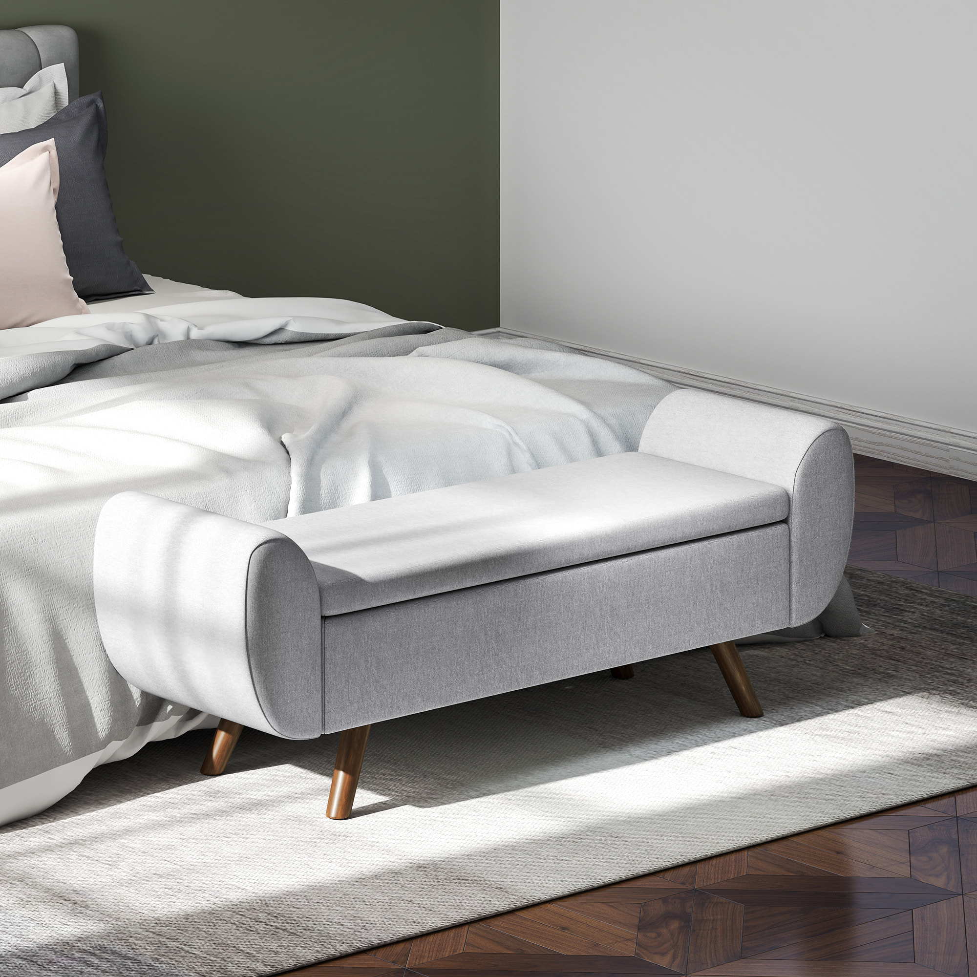 Banc coffre design - banquette avec rangement - dim. 132 x 42 x 50 cm - piètement bois tissu gris clair