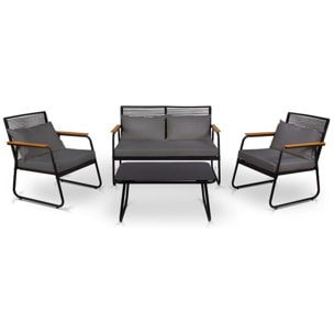 Conjunto de jardín 4 plazas, mesa centro+sofá+sillones de acero gris