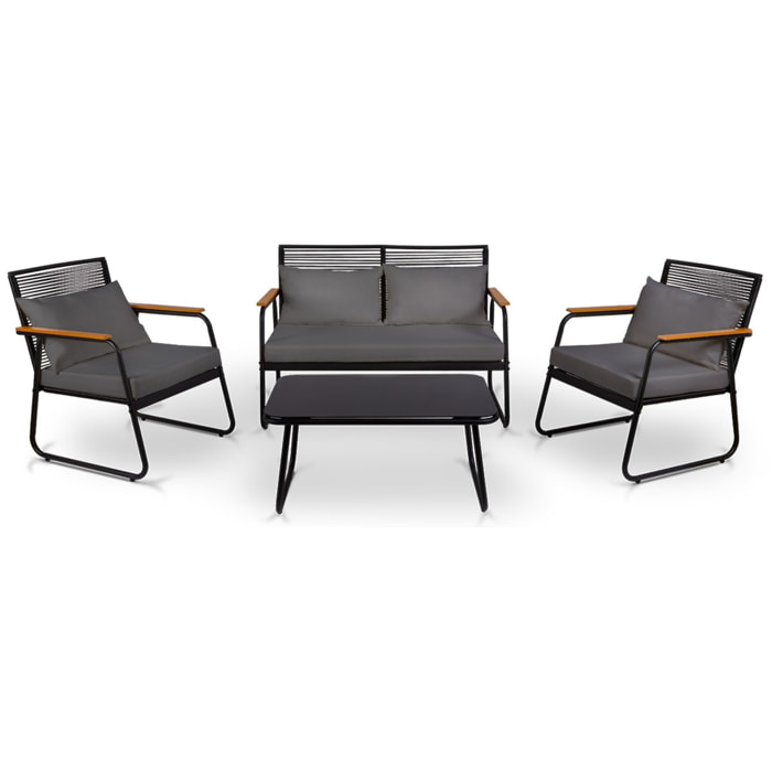 Conjunto de jardín 4 plazas, mesa centro+sofá+sillones de acero gris