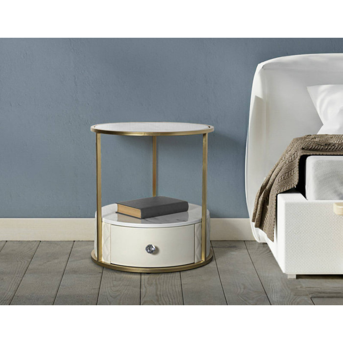 Comodino Piandisco, Comò basso, Tavolino da notte, Mensola da letto, 43x43 h48 cm, Bianco e Oro