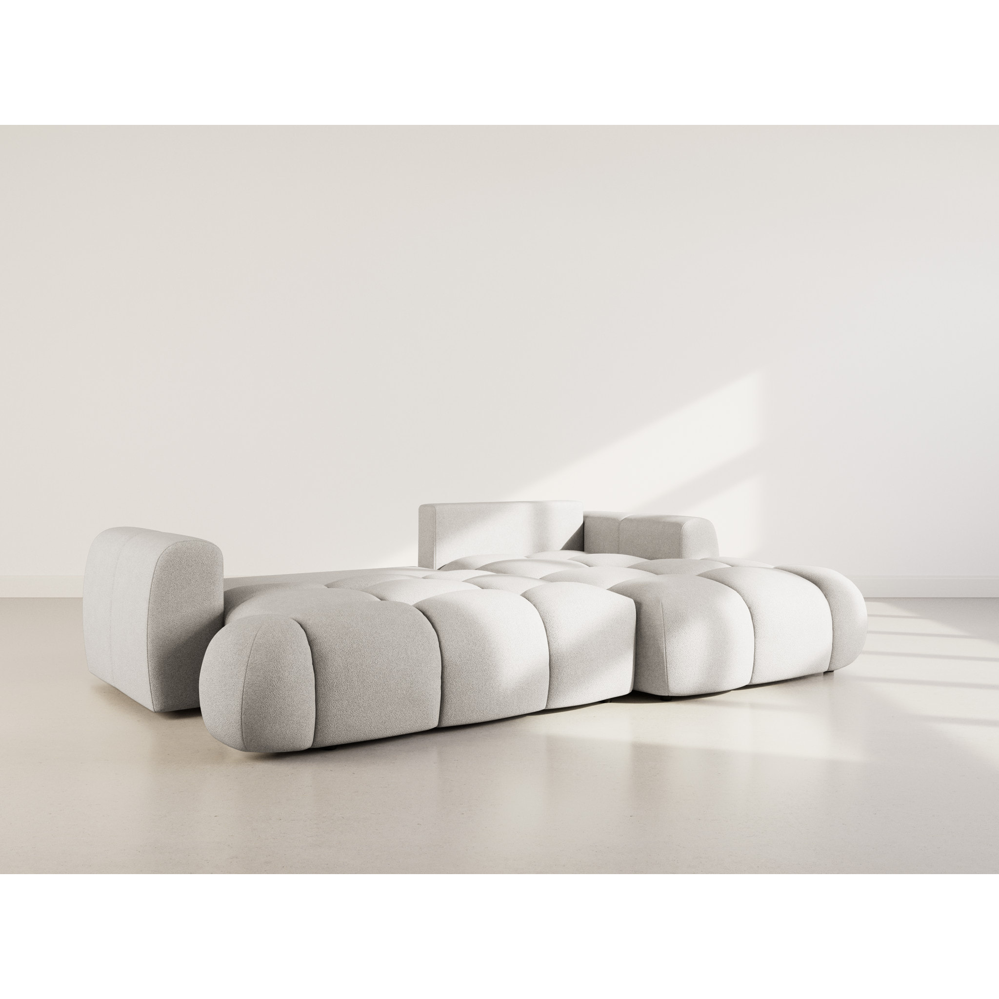 Yulin - Canapé d'angle droit 4 places convertible avec coffre en tissu bouclette - Gris clair