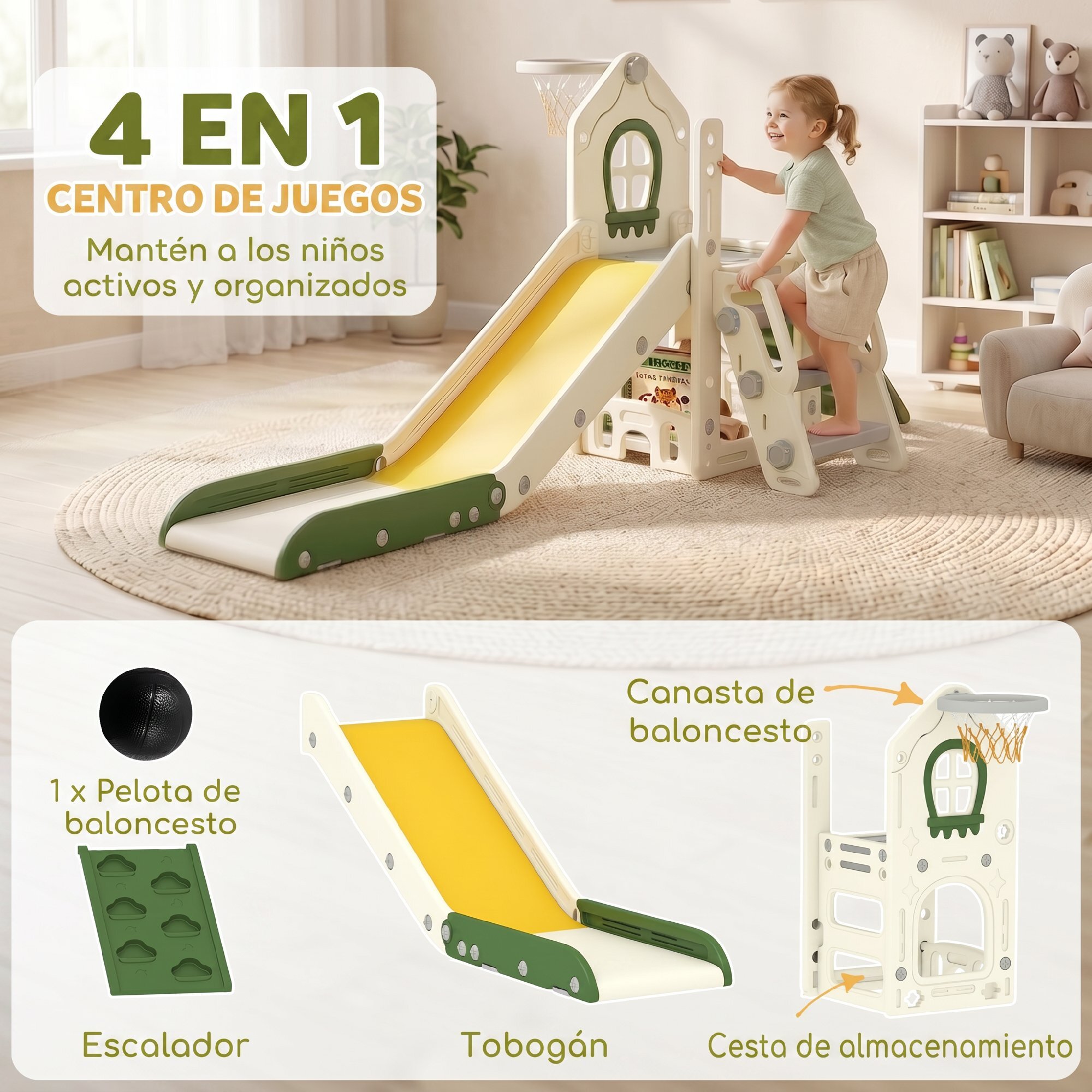 Tobogán Infantil Plegable 5 en 1, Tobogán para Niños con Escalador, Aro de Baloncesto, Pelota, Almacenamiento, Peldaños, Fácil de Montar y Limpiar, para Interior, para 1-3 Años, Blanco Crema