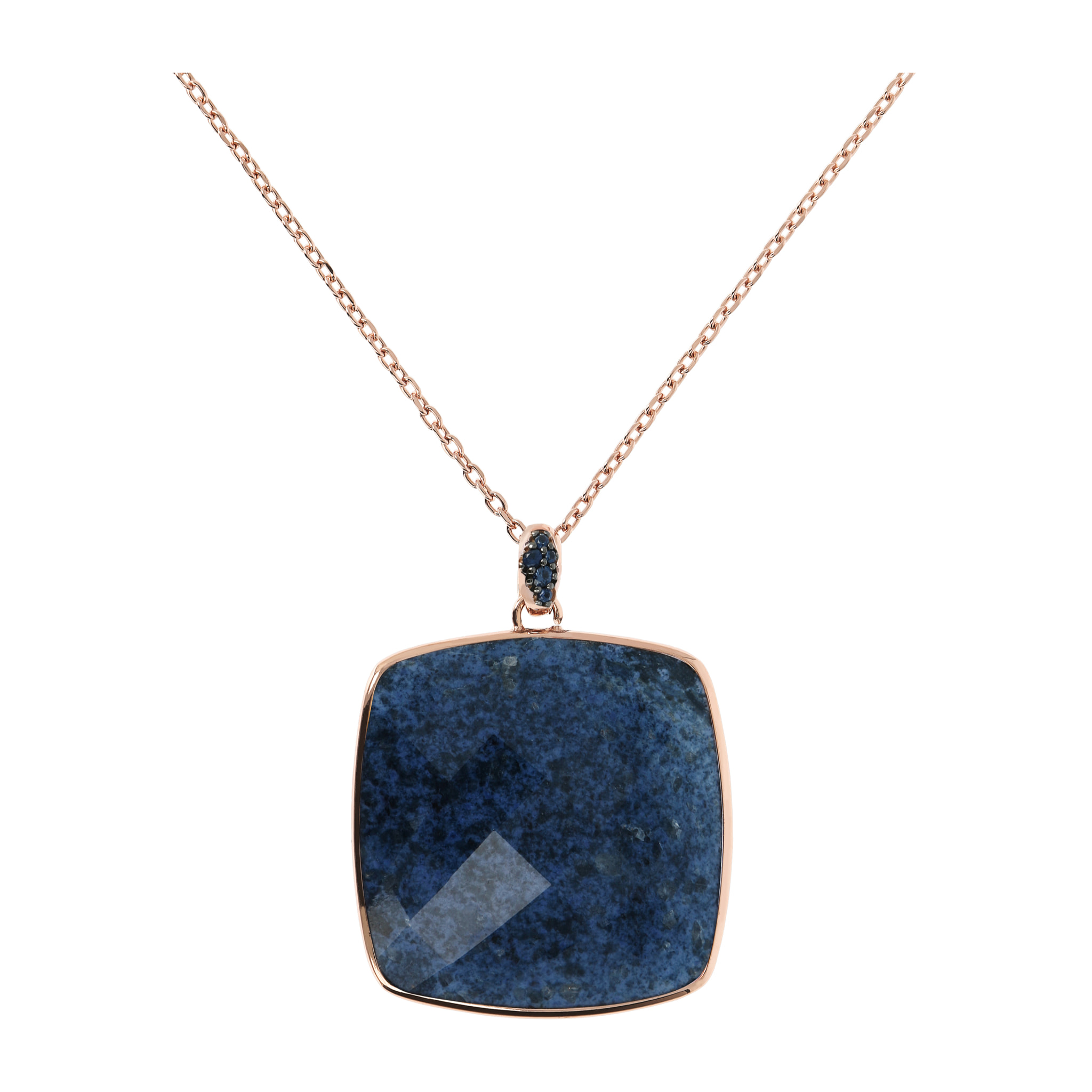 Collana con Pendente in Pietra Naturale Quadrata Dumortierite Blu e Pavé