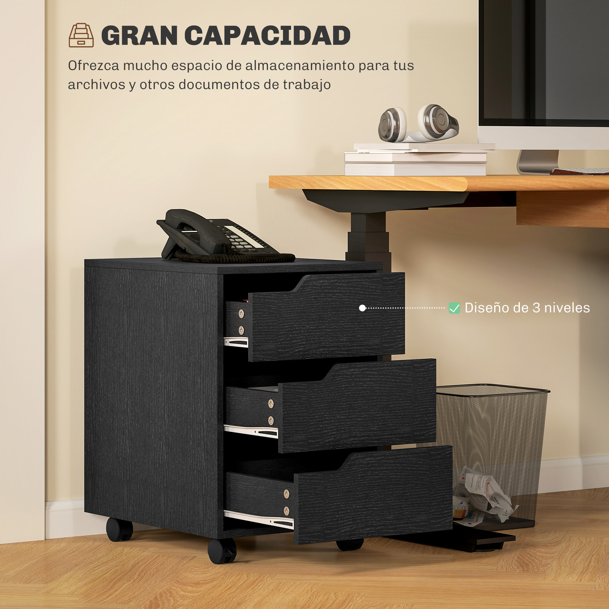 Cajonera de Oficina con Ruedas Mueble Archivador con 3 Cajones Cajonera para Escritorio Estudio 40x50x57,5 cm Negro