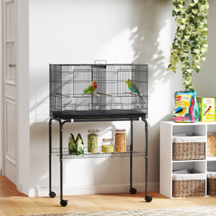 Cage à oiseaux mobile volière acier avec séparateur - 4 perchoirs, mangeoires, portes, trappes, plateau déjection - noir