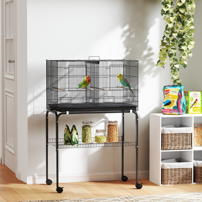 Cage à oiseaux mobile volière acier avec séparateur - 4 perchoirs, mangeoires, portes, trappes, plateau déjection - noir