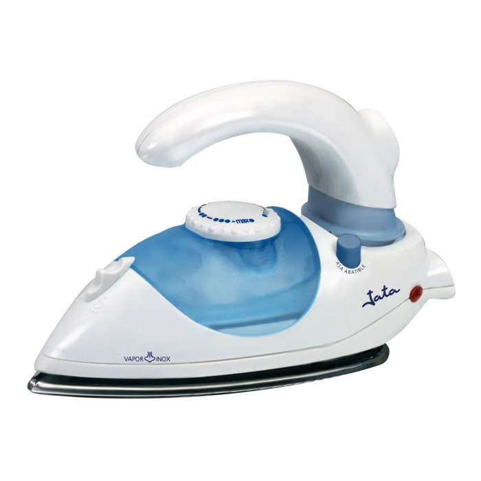 Plancha de vapor de viaje JATA PL357N con suela de acero inoxidable. Mango abatible