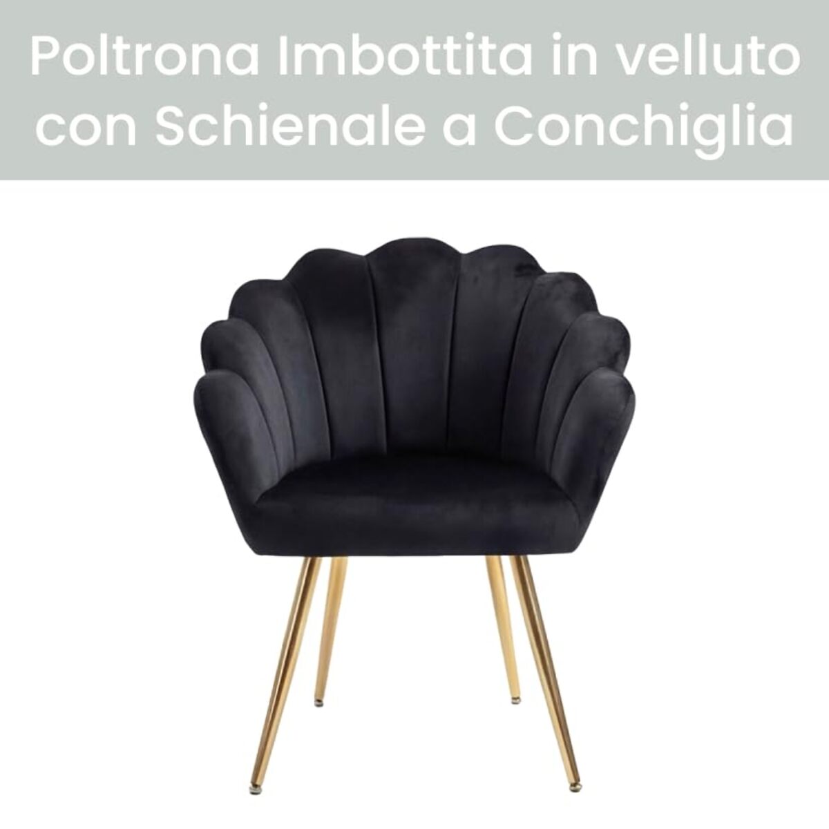Poltrona in velluto design a conchiglia elegante e moderna, seduta imbottita confortevole con base in legno e gambe in metallo dorato, poltroncina versatile per soggiorno, camera o ufficio, stabile e resistente fino a 100 kg, stile raffinato e decorativo