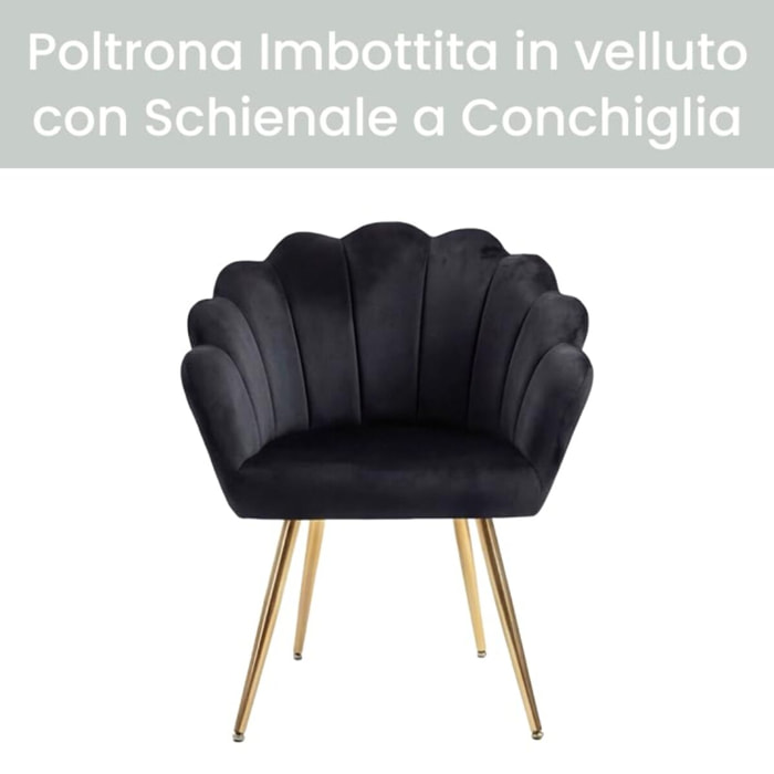 Poltrona in velluto design a conchiglia elegante e moderna, seduta imbottita confortevole con base in legno e gambe in metallo dorato, poltroncina versatile per soggiorno, camera o ufficio, stabile e resistente fino a 100 kg, stile raffinato e decorativo