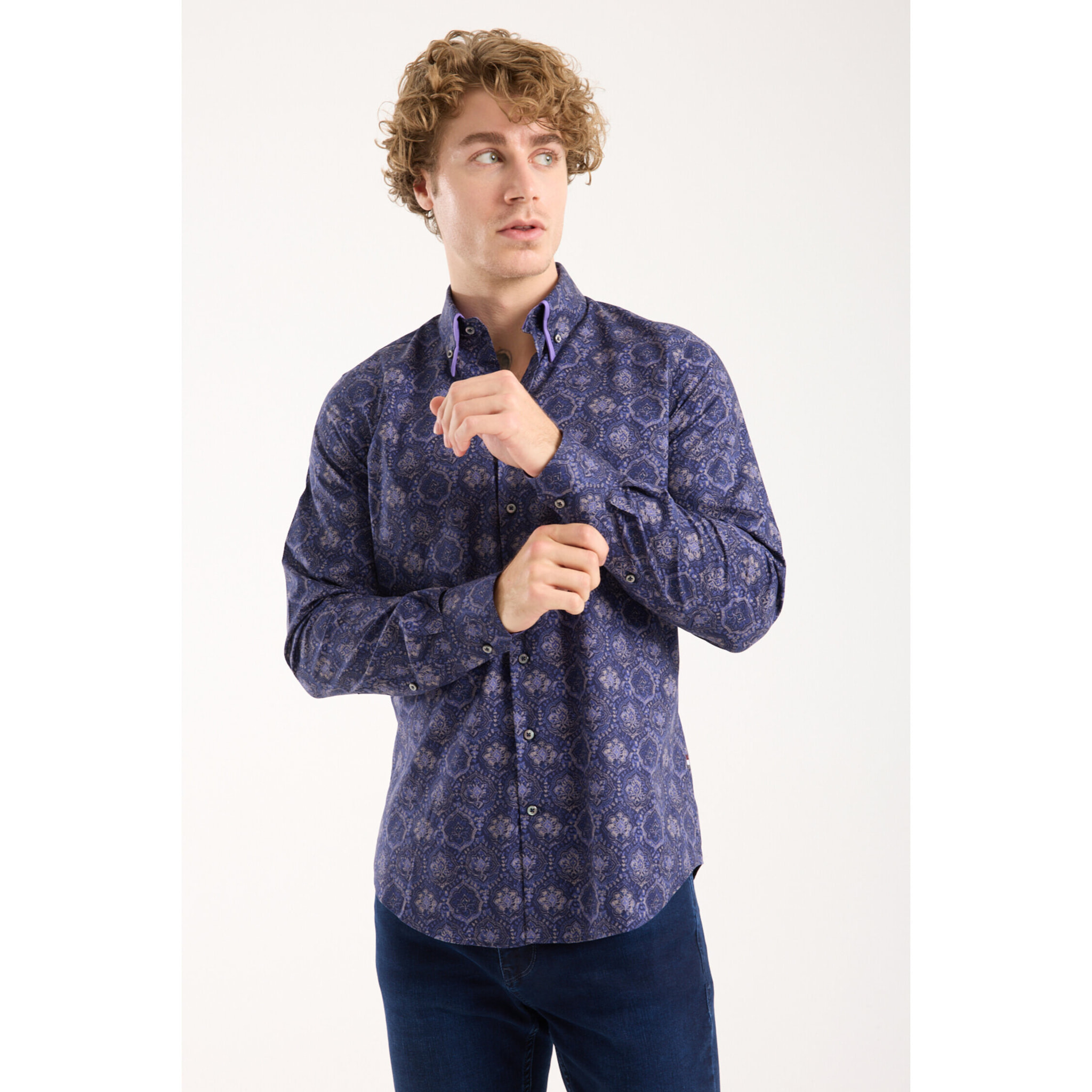 Camicia Uomo 2 Bottoni Button Down Doppio Coll Popeline Stretch Stampato Blu e Viola