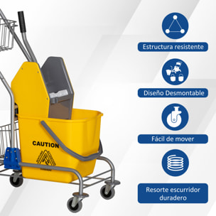 Cubo de Fregona con Ruedas Cubo de Fregar con Escurridor de Presión y Cestas de Almacenamiento Capacidad de 26 L 73x45x95 cm Amarillo