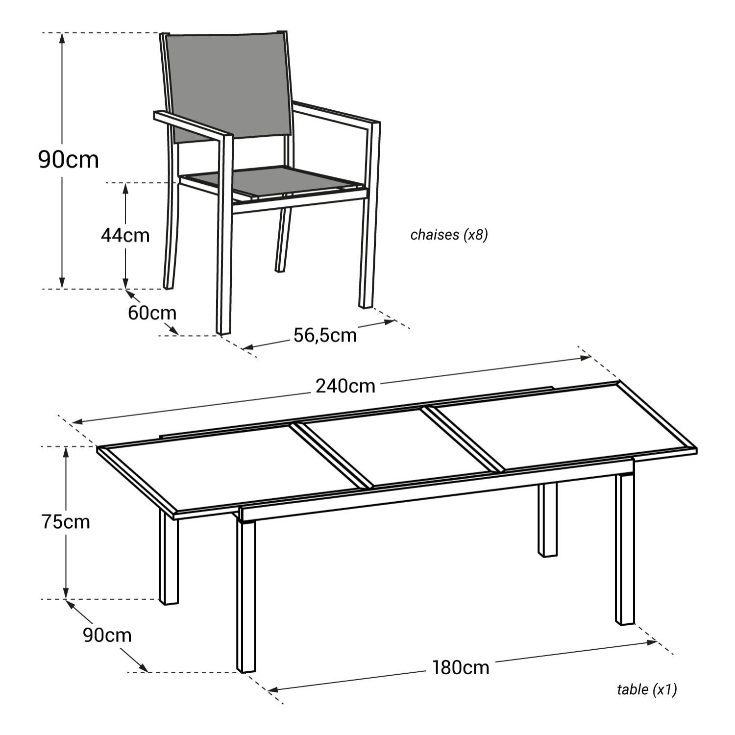 Salon de jardin FIRENZE extensible en textilène gris 8 places - aluminium blanc