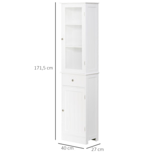 Armario Alto para Baño Mueble Auxiliar de Baño de Estilo Moderno con 2 Puertas Estantes Ajustables y 1 Cajón 40x27x171,5 cm Blanco