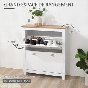 Armoire à chaussures 2 portes abattantes 2 compartiments poignées coquilles métal MDF blanc chêne clair