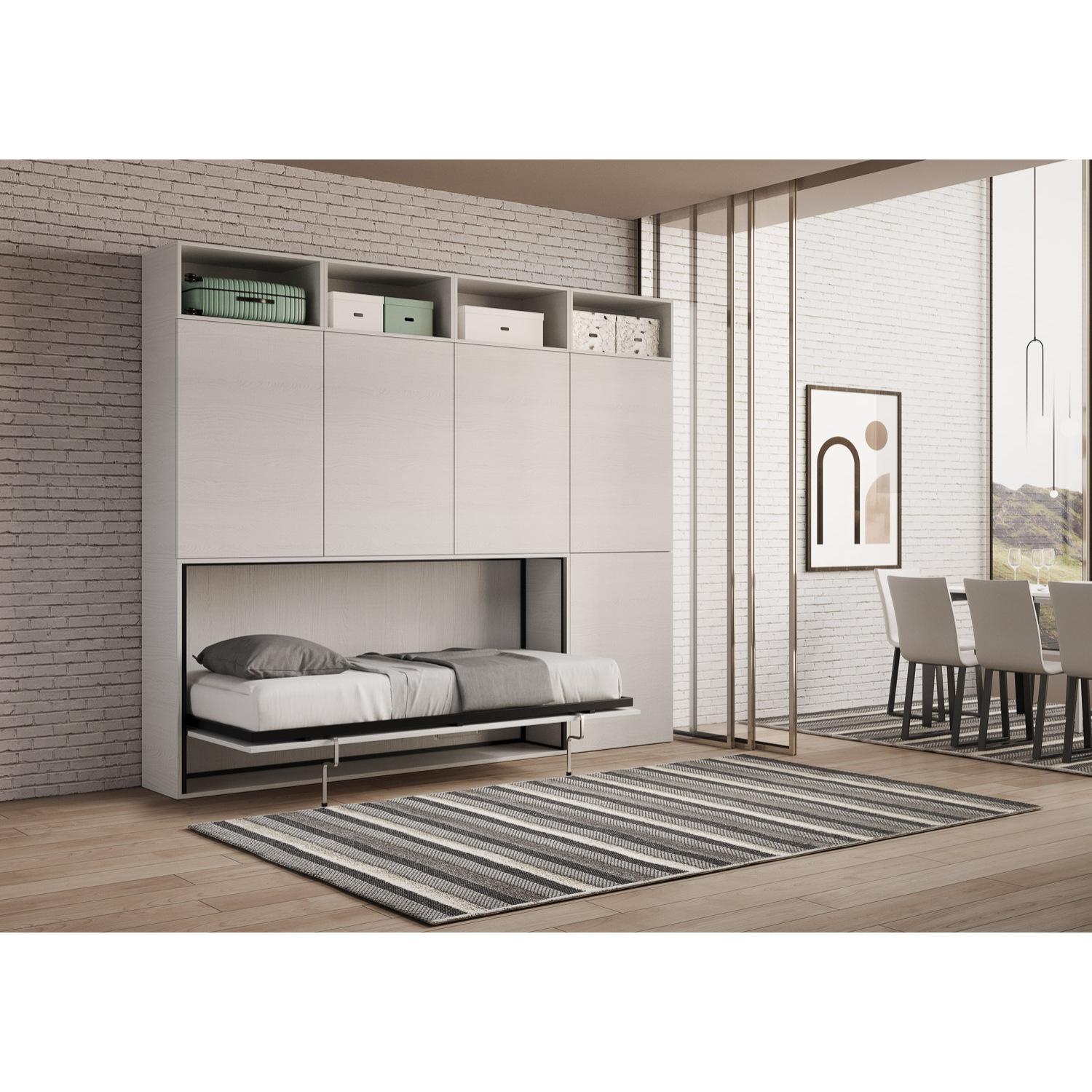 Armoire lit escamotable horizontal 1 couchage 85 Kando avec matelas composition B Frêne Blanc