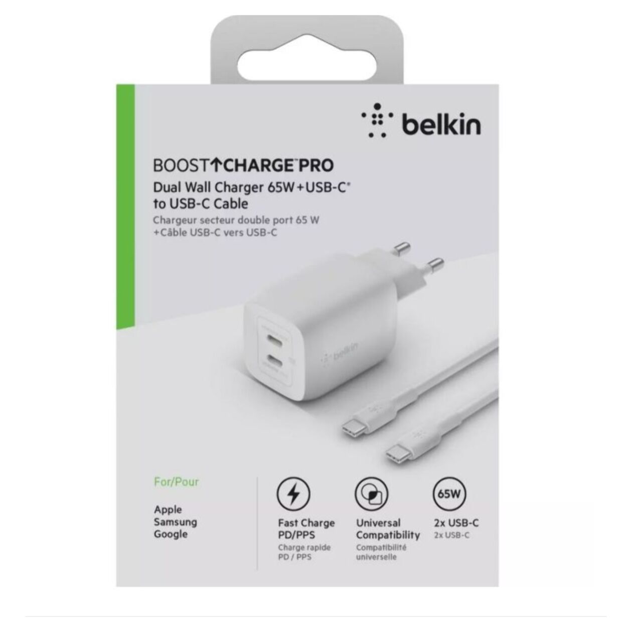 Chargeur BELKIN USB C x2 65W GaN PPS + Cable USB-C 2m