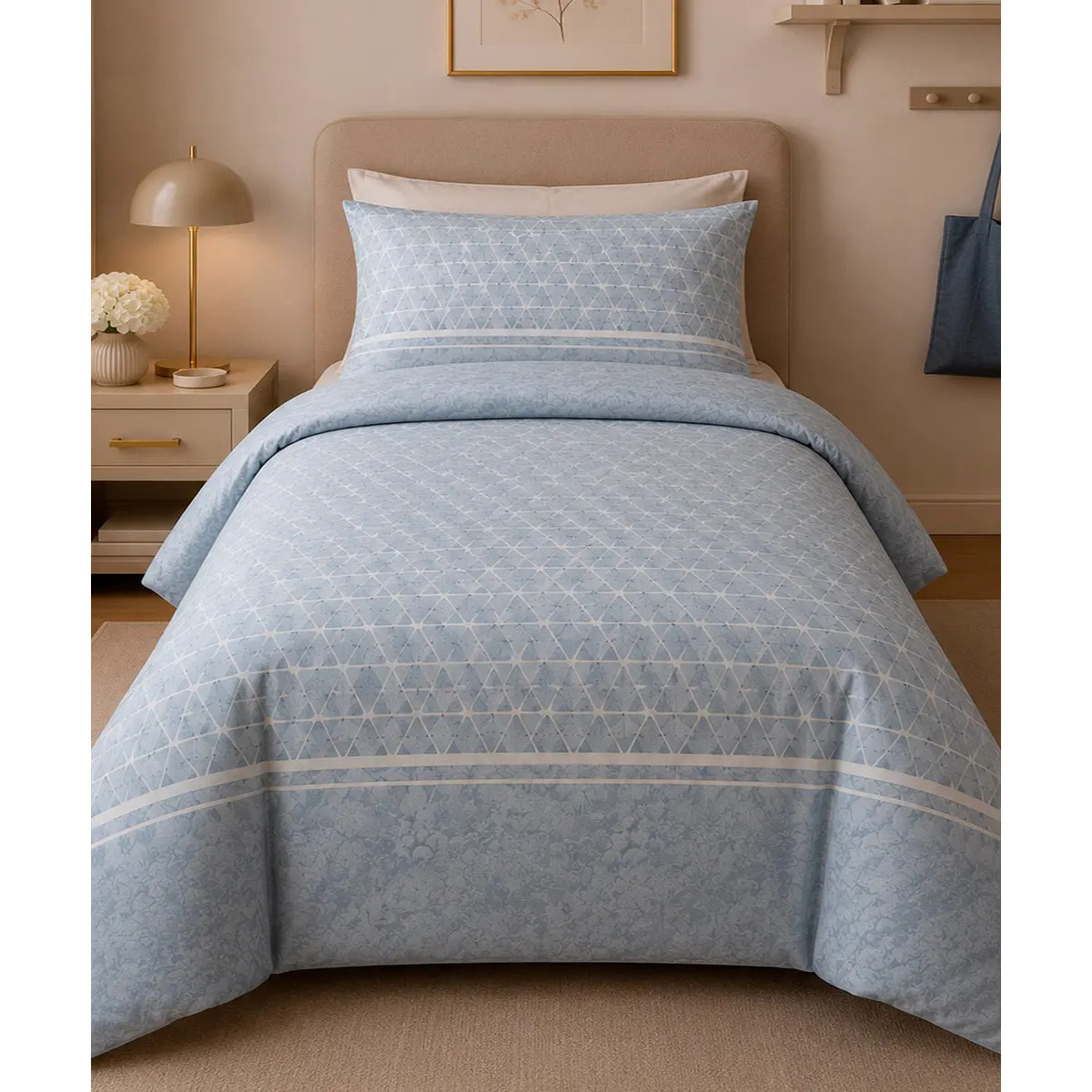 Parure Copripiumino Geo Azzurro in Cotone 100% Made in Italy, Stampa Digitale HD