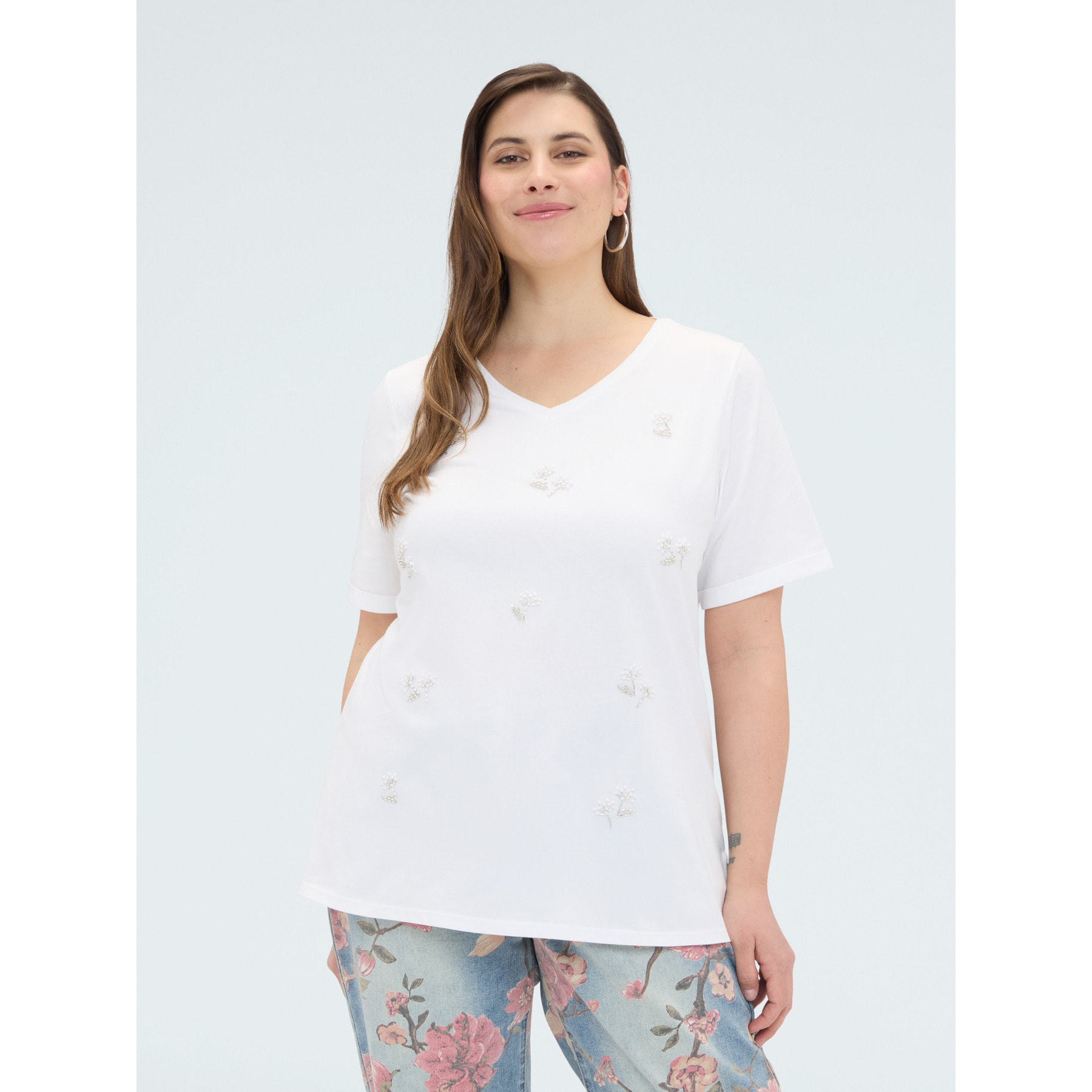 Fiorella Rubino - T-shirt in cotone con fiori in perline - Bianco