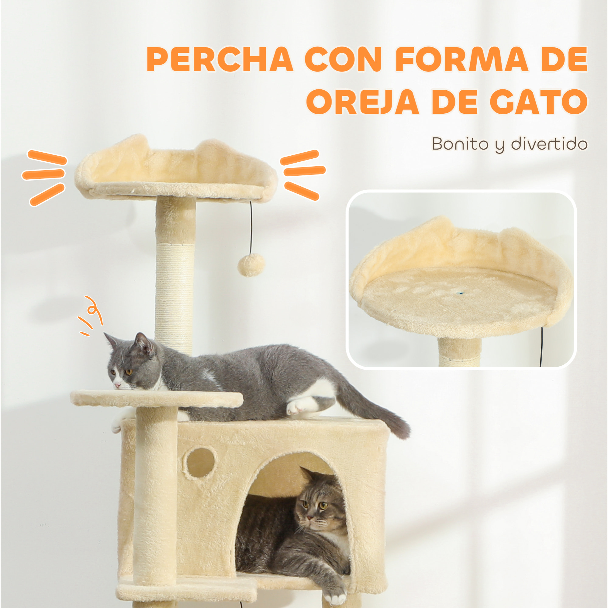 Árbol Rascador para Gatos, Árbol para Gatos 160 cm, Torre Escalador con Múltiples Plataformas, Cama, 2 Cuevas, Hamaca, Escalera, Postes de Sisal, Bolas para Jugar, Beige