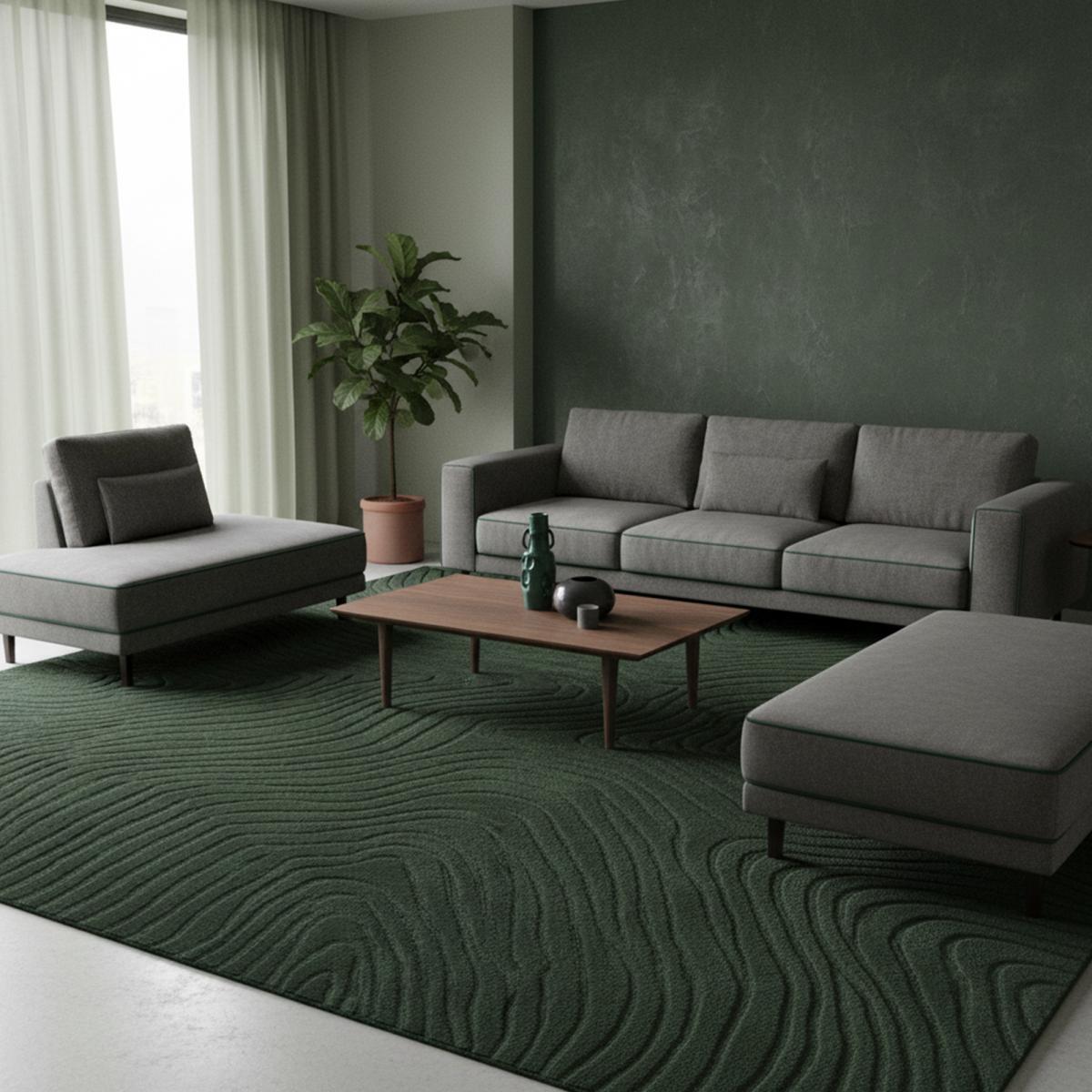 Tapis Salon 160 x 230 cm, Vert, noir, Laine chaude, motif abstrait en relief, création authentique