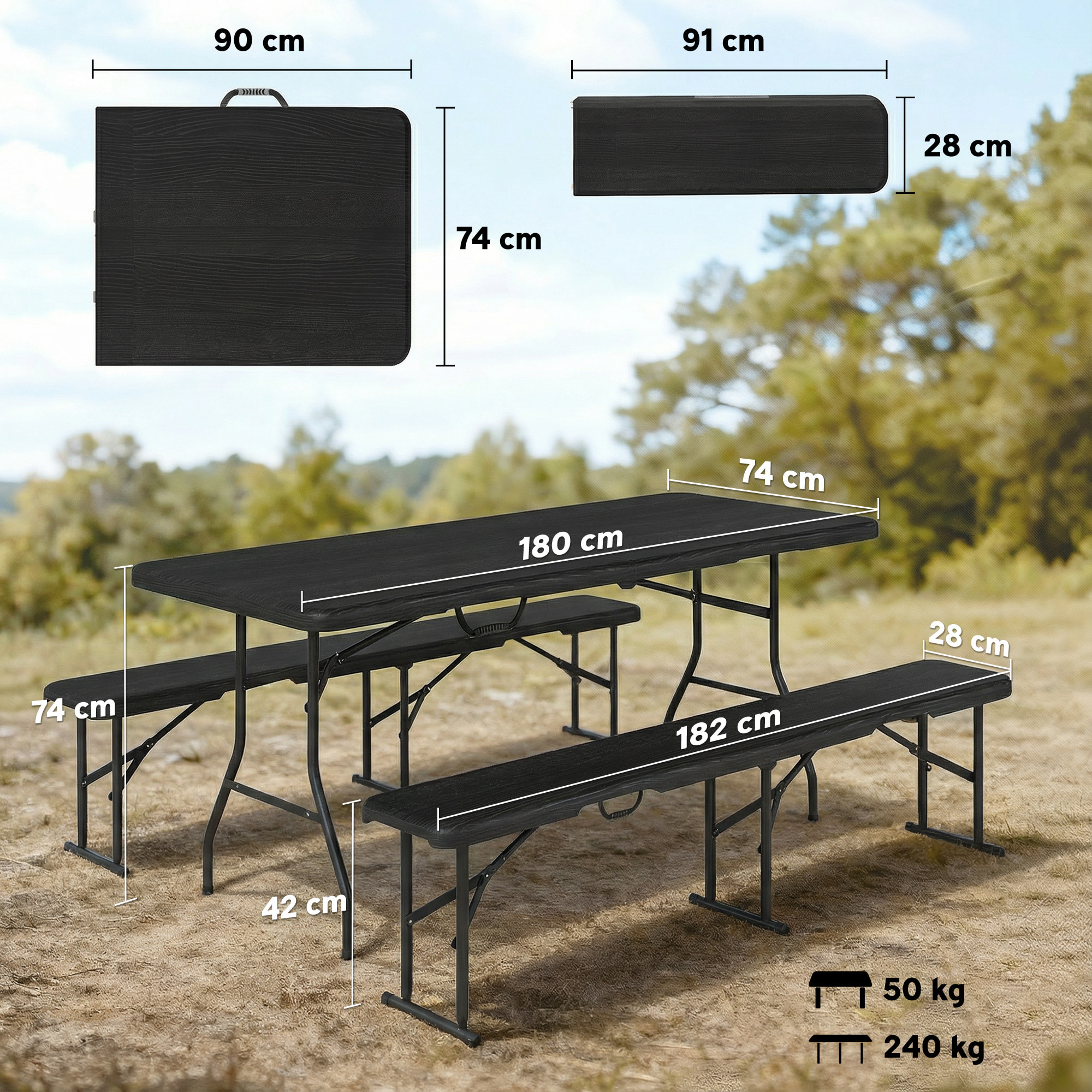 Ensemble table 2 bancs pliables avec poignées - usage pique-nique camping - métal époxy HDPE noir