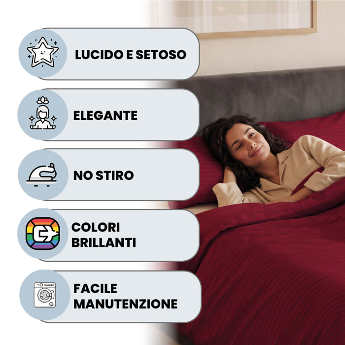 PARURE COPRIPIUMINO SATIN STRIPES, 100% Raso di Poliestere, Made in Italy, No Stiro - BORDEAUX