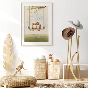 Affiche enfant hiboux amoureux  Affiche + cadre en bois - Chêne