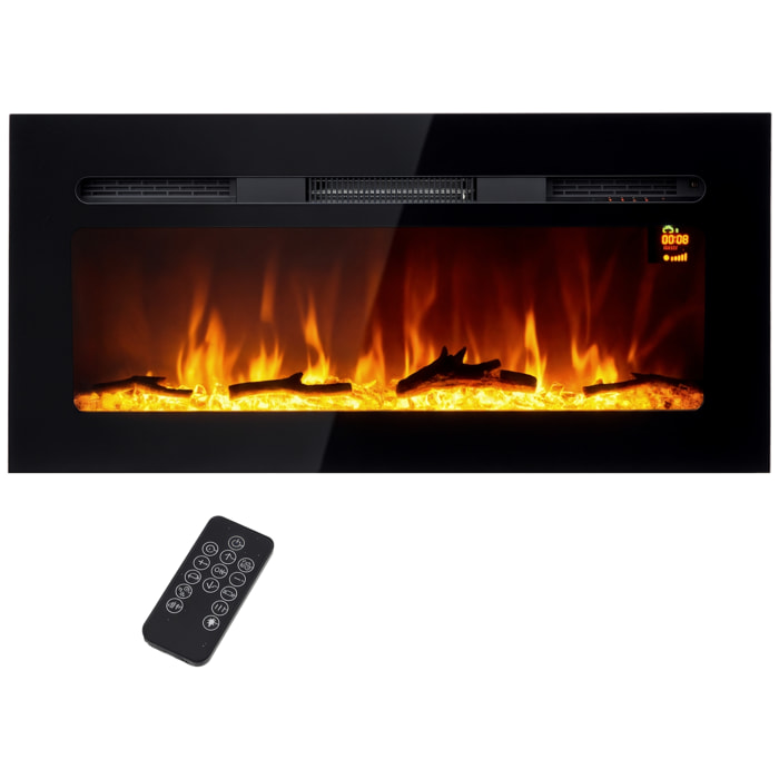 HOMCOM Chimenea Eléctrica de Pared y Empotrable, 1800W, Chimenea Decorativa con Llama 3D, 3 Colores, 5 Niveles de Brillo, Mando, Temporizador, Pantalla Táctil, para 40 m², Sala, Dormitorio, Negro