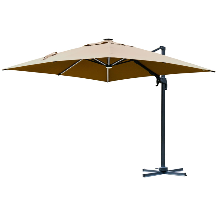 Parasol déporté carré parasol LED inclinable pivotant 360° manivelle piètement acier dim. 3L x 3l x 2,66H m beige