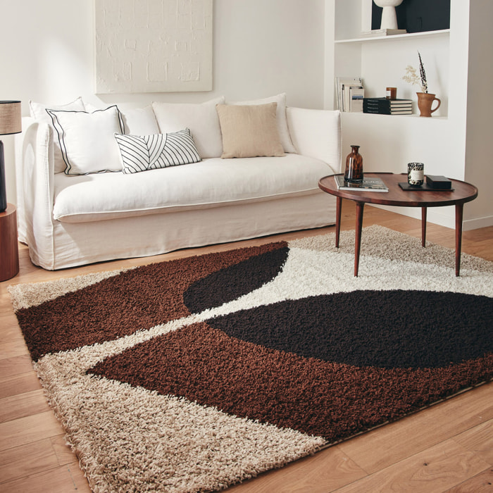 PALERME - Tapis shaggy à poils long à motif abstrait - Marron, Beige, Café et Crème