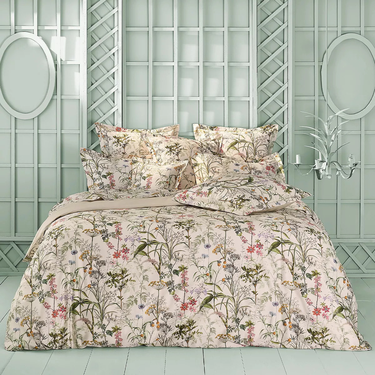 Housse de couette satin de coton imprimé beige vert rose Prairie legere beige