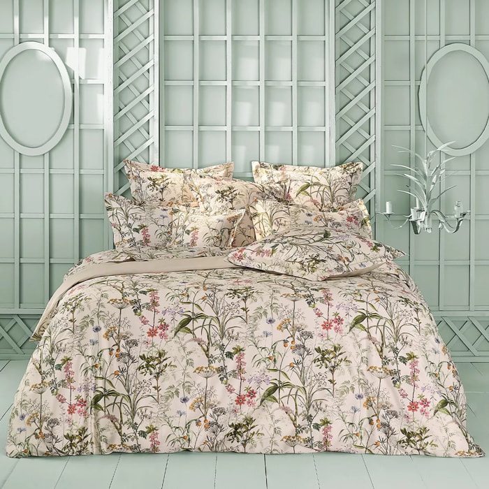 Housse de couette satin de coton imprimé beige vert rose Prairie legere beige