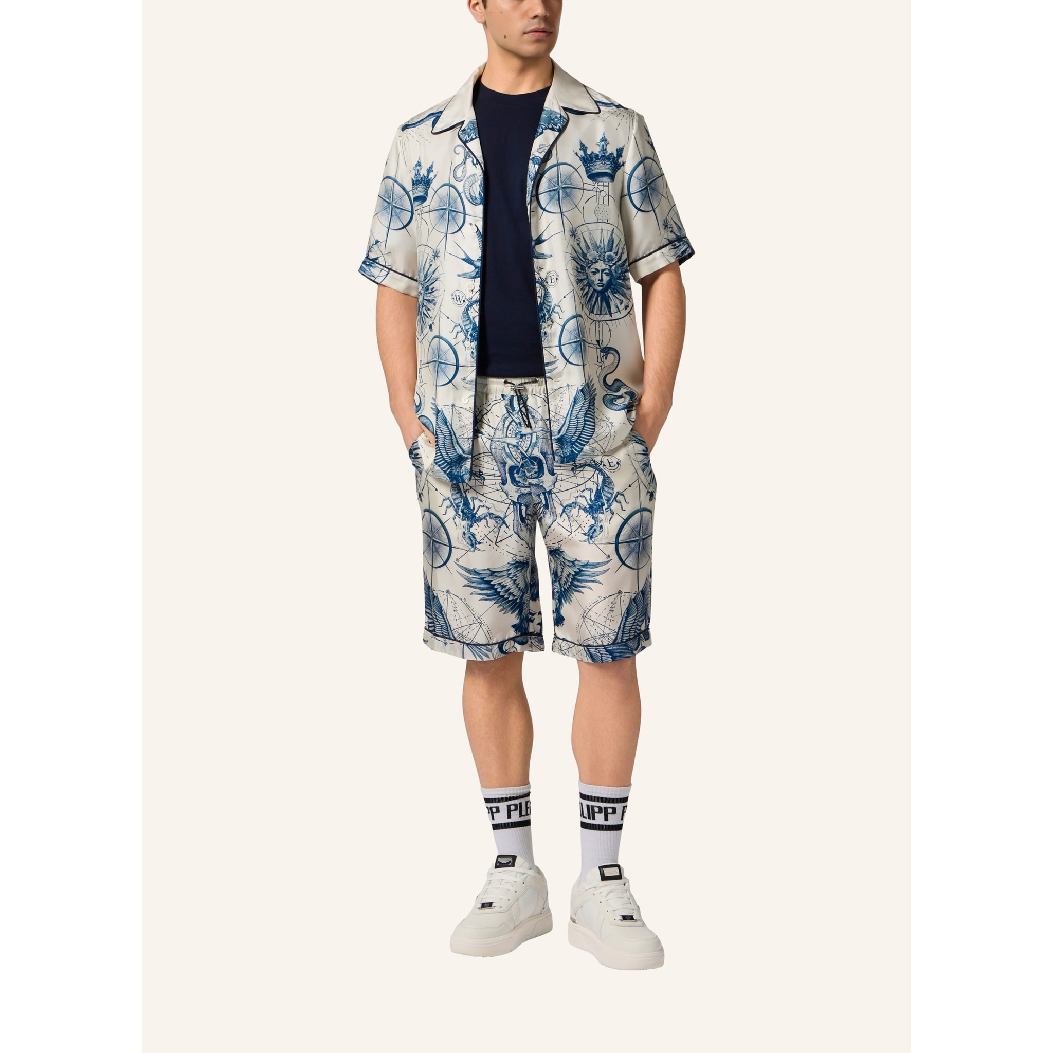 PHILIPP PLEIN Silk Bowling Shorts All-Over Tattoo