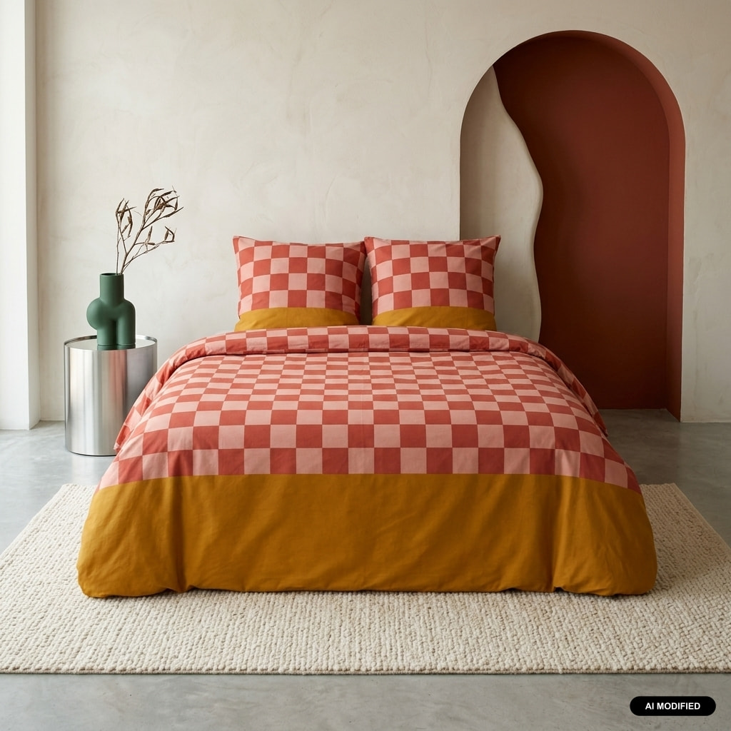 Parure de lit coton motifs damier 2 places rouge et orange FUTUNA