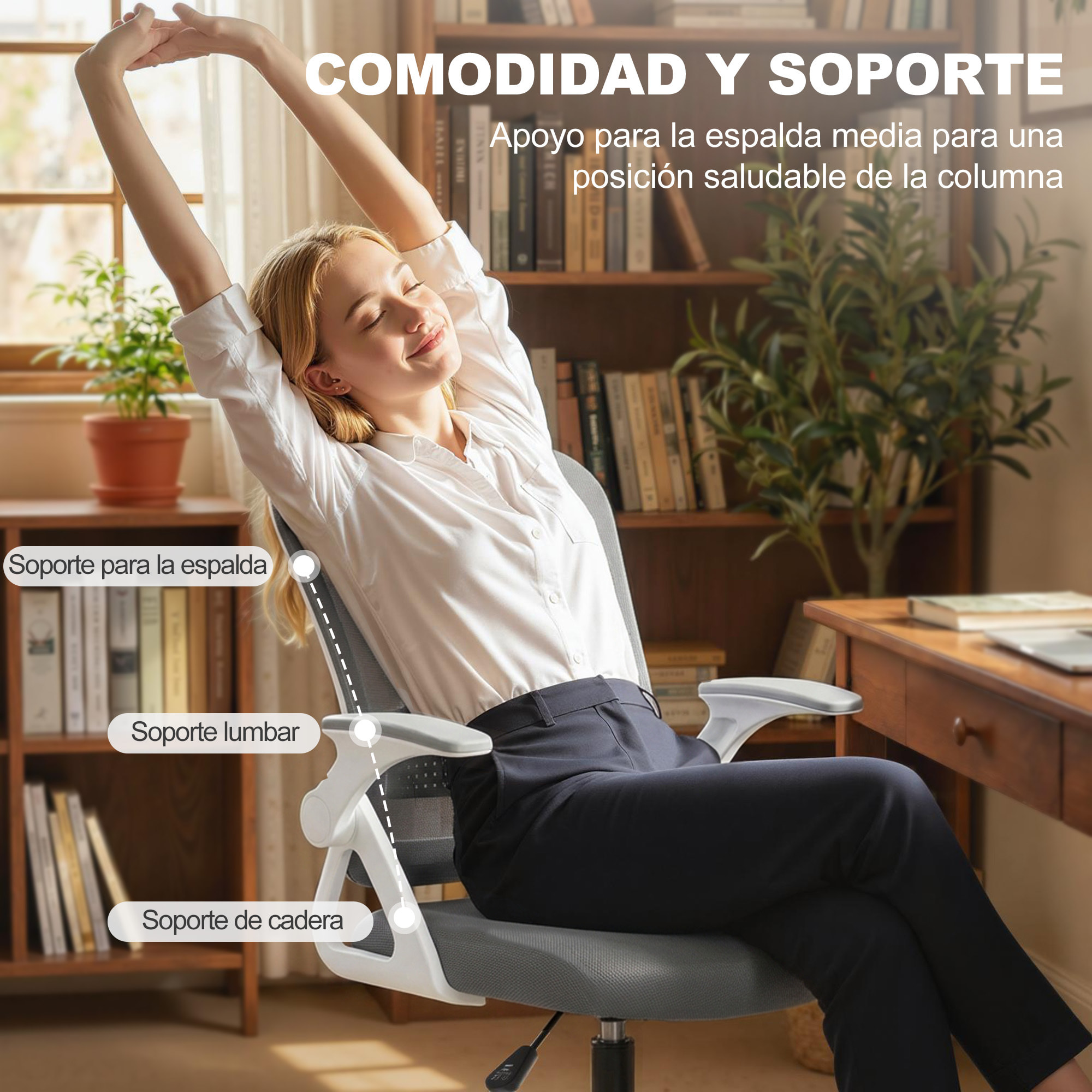 Silla de Escritorio de Malla, Silla de Dibujo con Reposabrazos Abatibles, Altura Ajustable, Soporte Lumbar, Reposapiés, Ruedas Giratorias para Oficina, Estudio, Gris