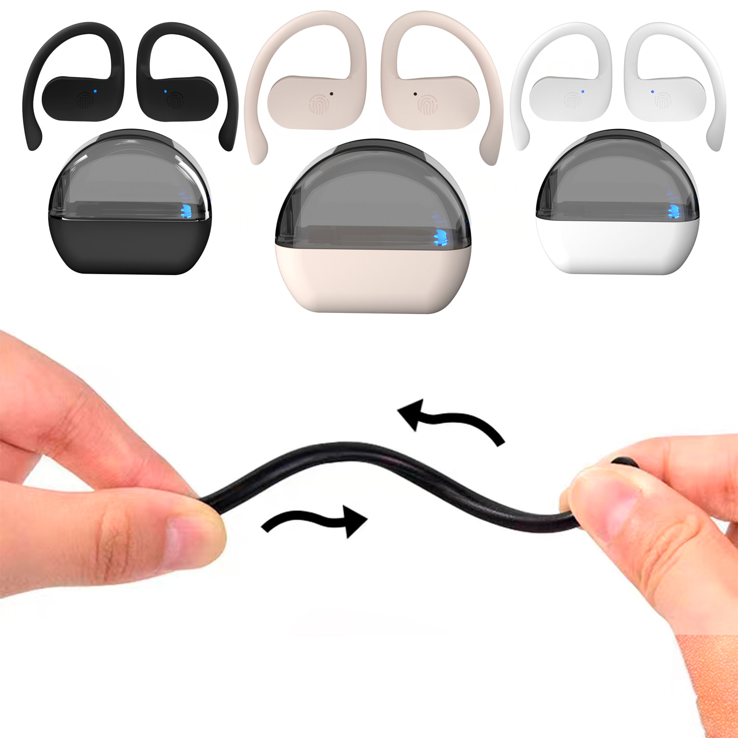 Cuffie sovraurali TWS S8 Bluetooth 5.3. Controllo touch. Design senza inserimento nell'orecchio, con gancio per l'orecchio.