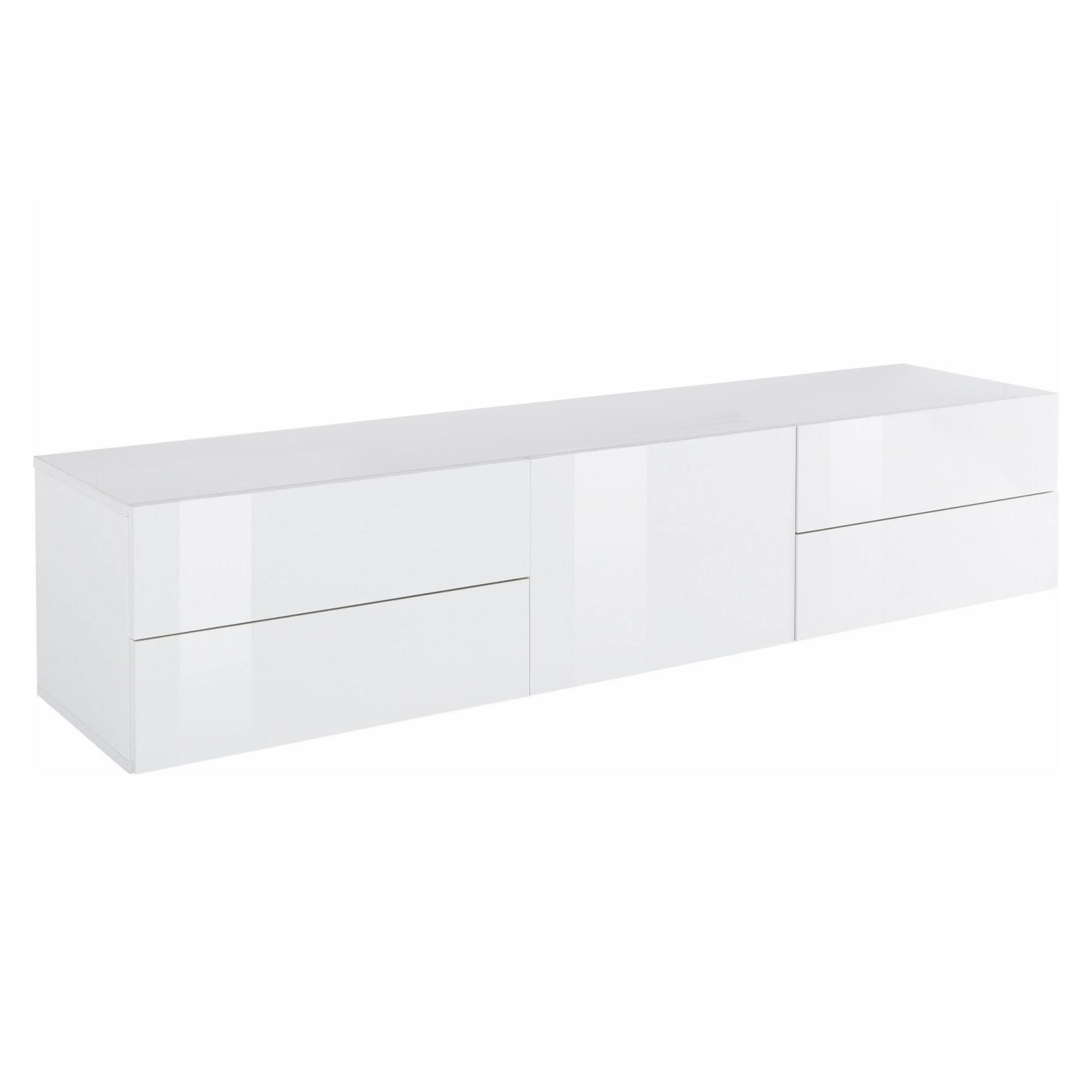 Mobile da soggiorno Porta TV, Made in Italy, Supporto per TV da salotto rialzato con 1 anta e 4 cassetti, cm 170x40h47, colore Bianco lucido