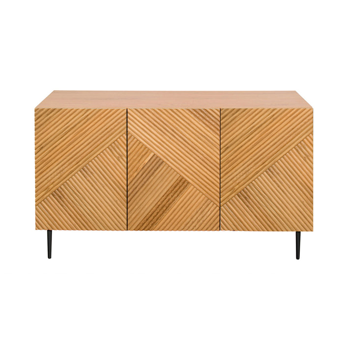 Buffet design en bois clair chêne massif gravé et métal noir 3 portes L135 cm ARCHIPEL