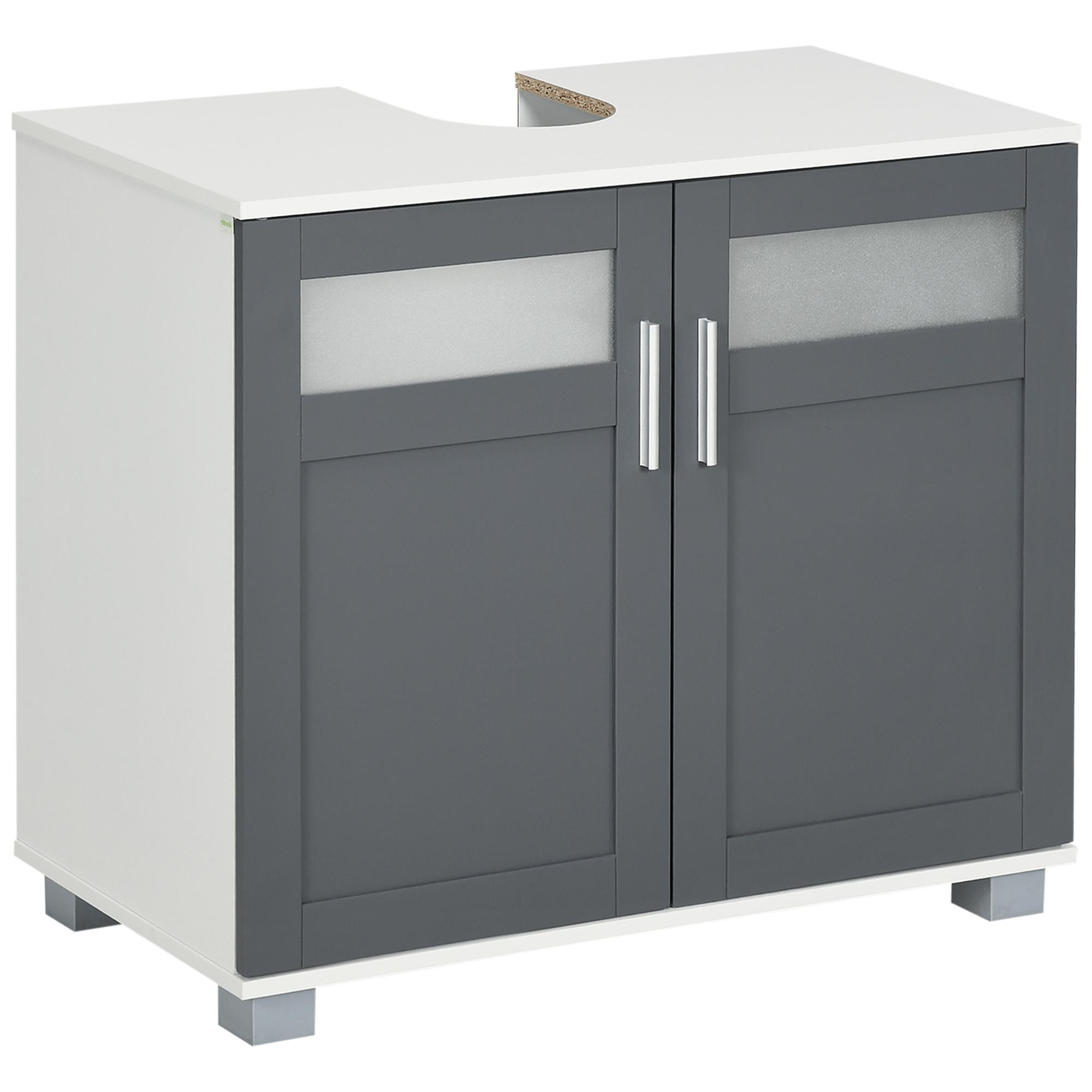 Mueble para Debajo del Lavabo Armario de Baño Bajo Lavabo con 2 Puertas de Vidrio Templado y Estante Ajustable 69x35x59 cm Blanco y Gris