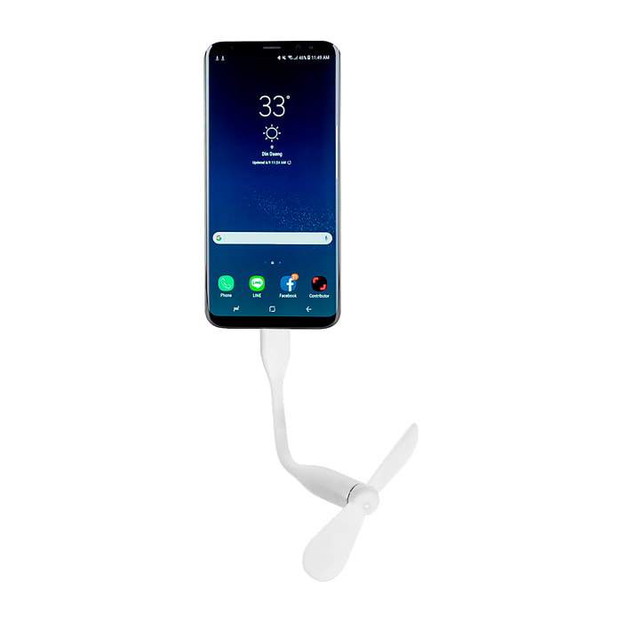 Ventilador flexible compatible con USB-C, con cuello orientable para dirigir el flujo de aire. Compacto, ligero y sin necesidad de baterías, ideal para smartphones, portátiles y baterías externas.