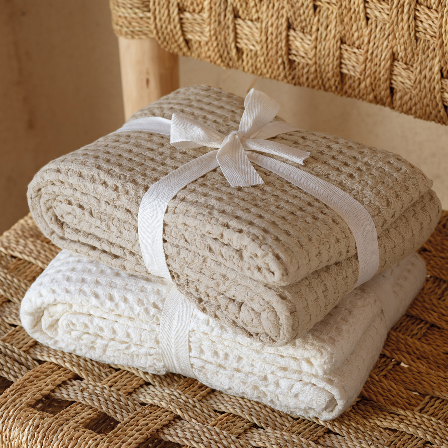 Plaid en coton gaufré - Ecru