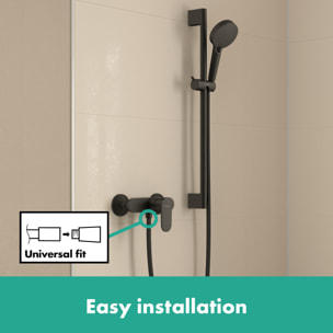 Pack douche : Porte coulissante 120cm + Paroi latérale 80cm + Set de douche avec mitigeur Hansgrohe + Receveur 120x80cm Noir