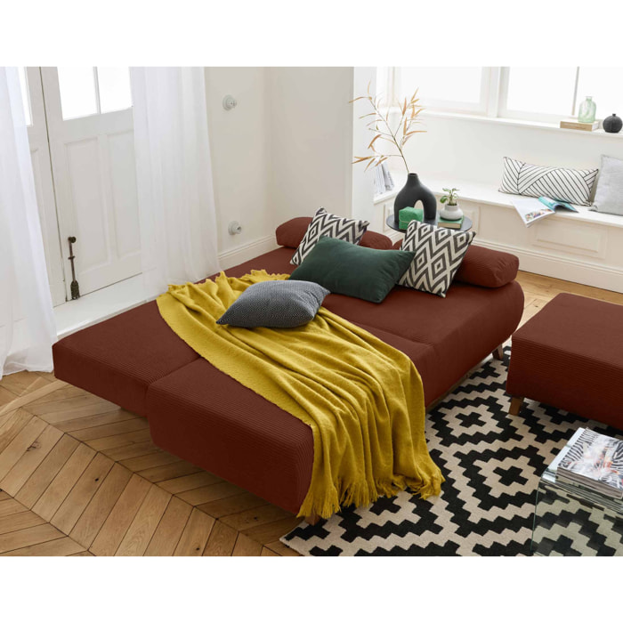 Cristal - canapé 3 places - convertible avec coffre et pouf - en velours côtelé - Terracotta