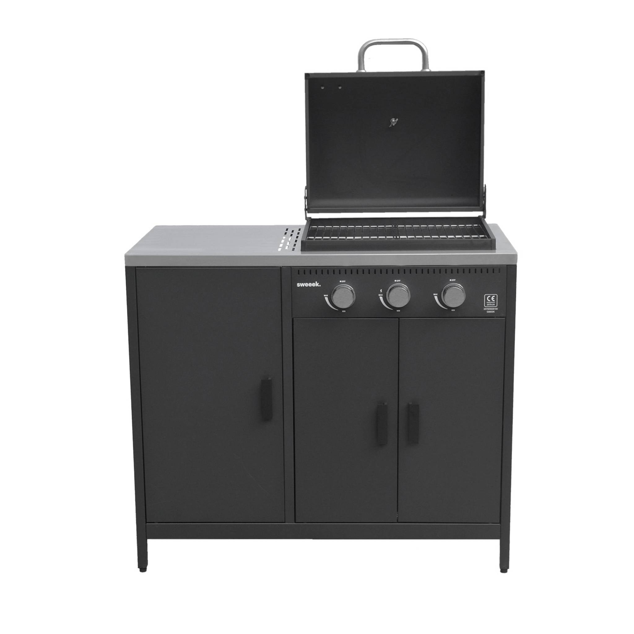 Barbecue gaz 3 brûleurs . noir. 3 portes et 2 espaces de rangement